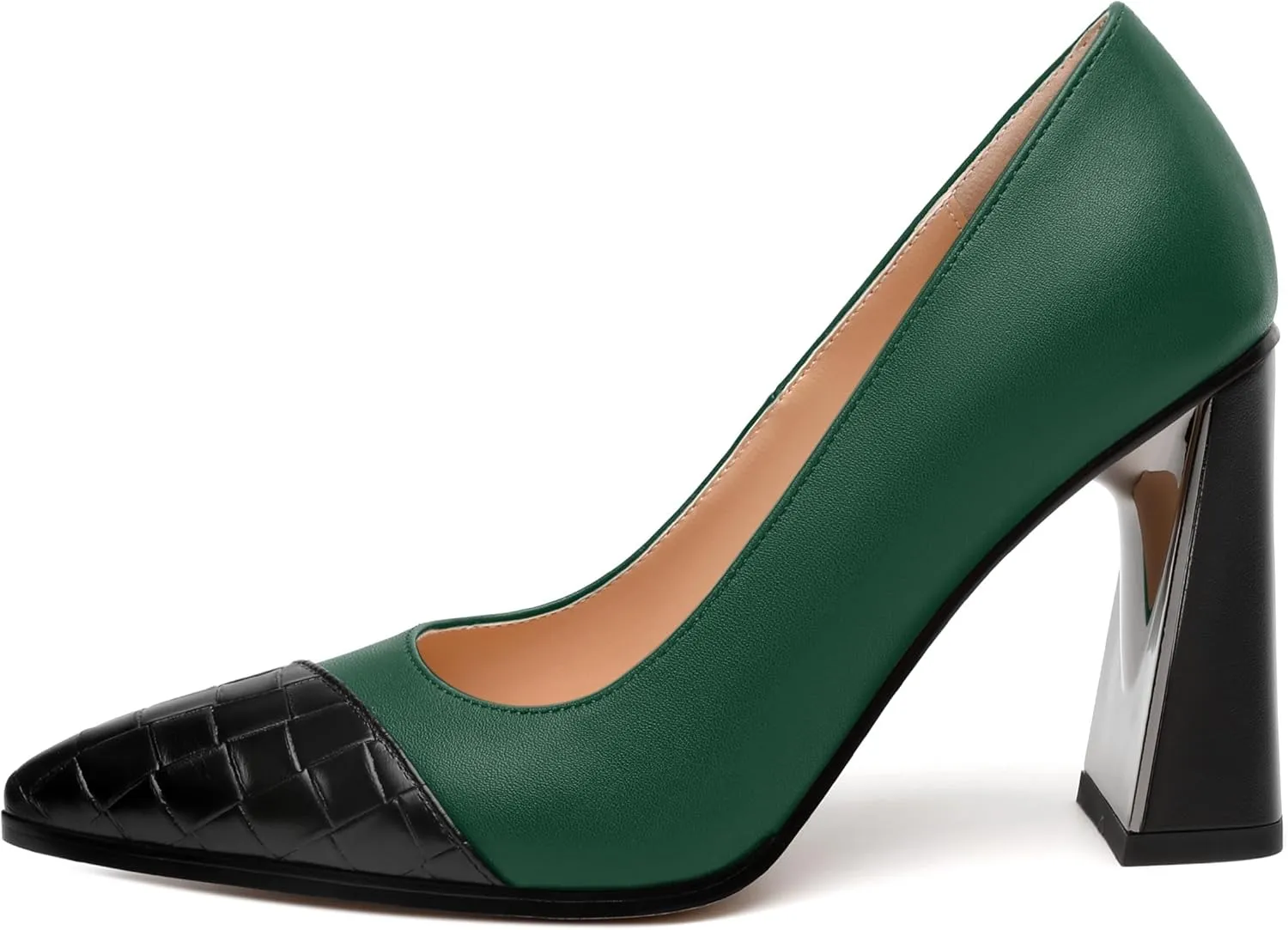 Women's High Heel Pumps, Pointed Toe Chunky Heel for Women, Leather Insole Upper Splicing Dressy 3.5" Pump