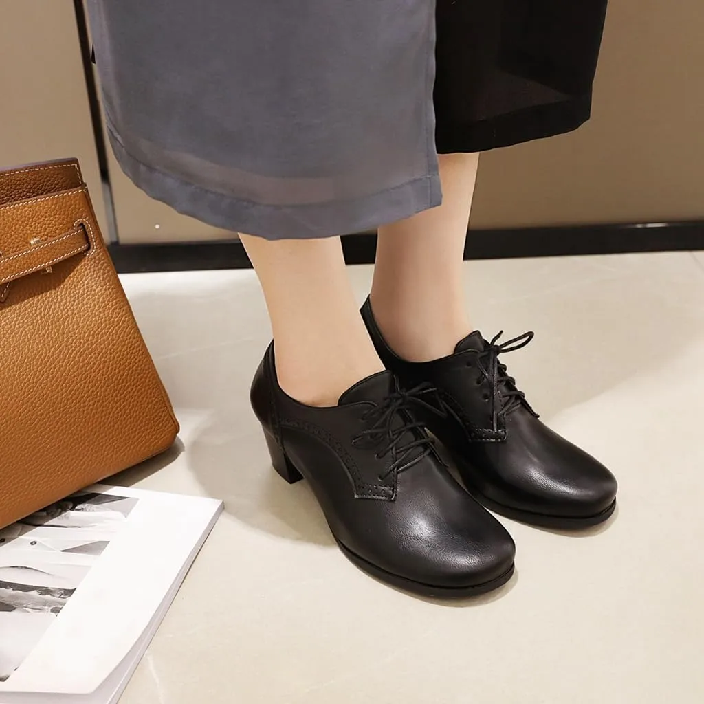 Women's Lace Up Wingtip Oxfords Pumps Block Mid Heel Round Toe Perforated Vintage Brogues Dress Shoes