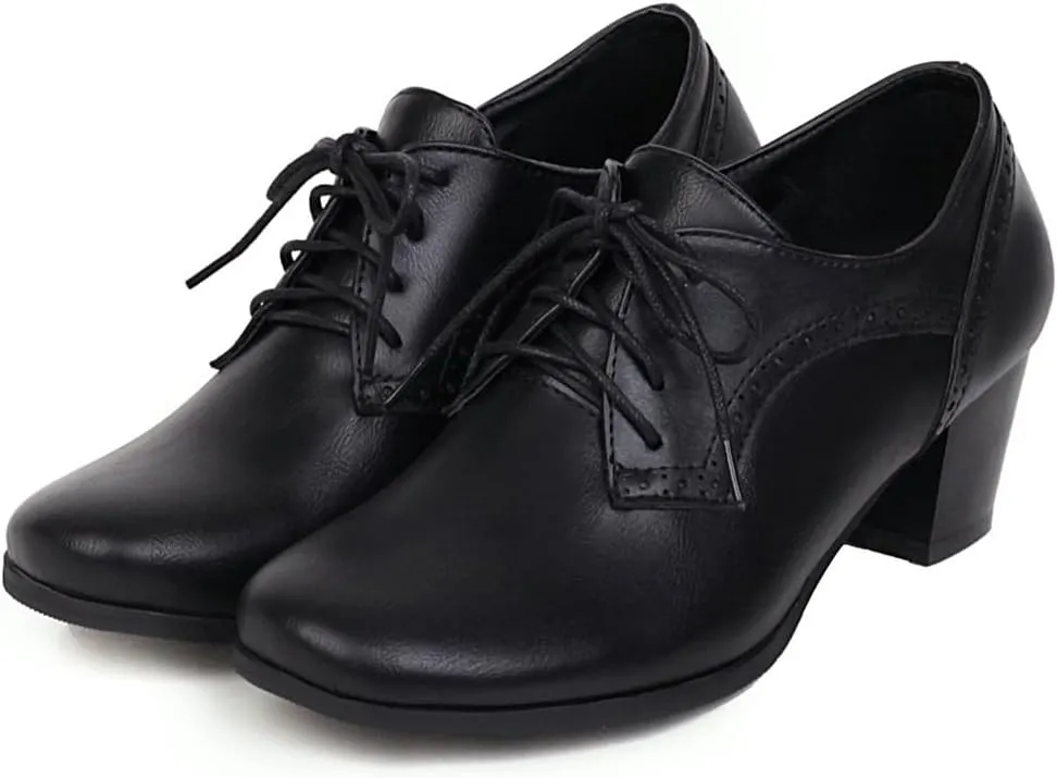 Women's Lace Up Wingtip Oxfords Pumps Block Mid Heel Round Toe Perforated Vintage Brogues Dress Shoes