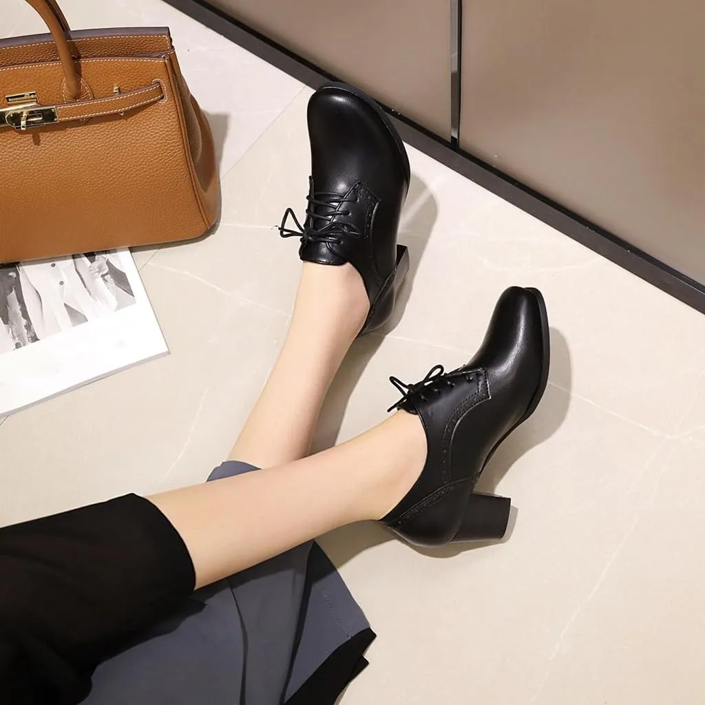 Women's Lace Up Wingtip Oxfords Pumps Block Mid Heel Round Toe Perforated Vintage Brogues Dress Shoes