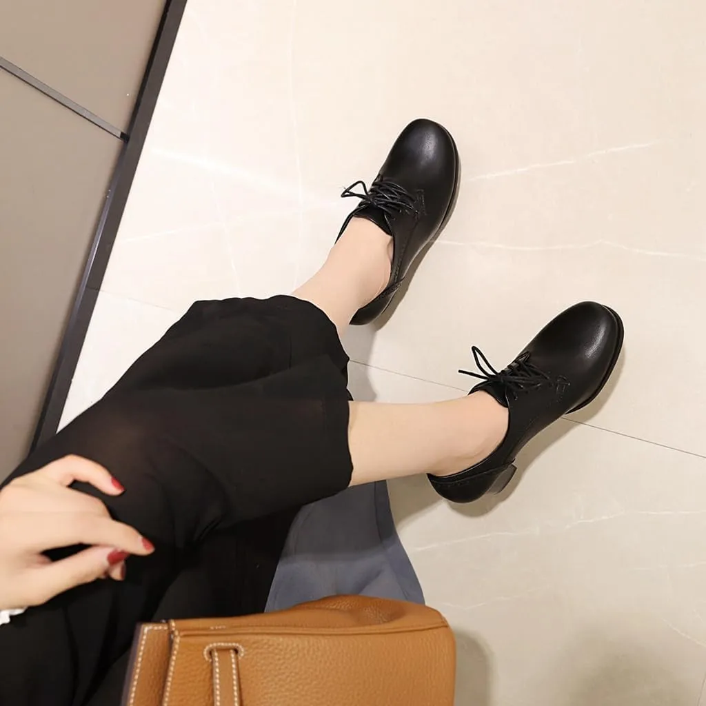 Women's Lace Up Wingtip Oxfords Pumps Block Mid Heel Round Toe Perforated Vintage Brogues Dress Shoes