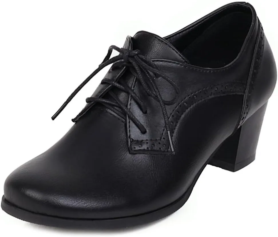 Women's Lace Up Wingtip Oxfords Pumps Block Mid Heel Round Toe Perforated Vintage Brogues Dress Shoes