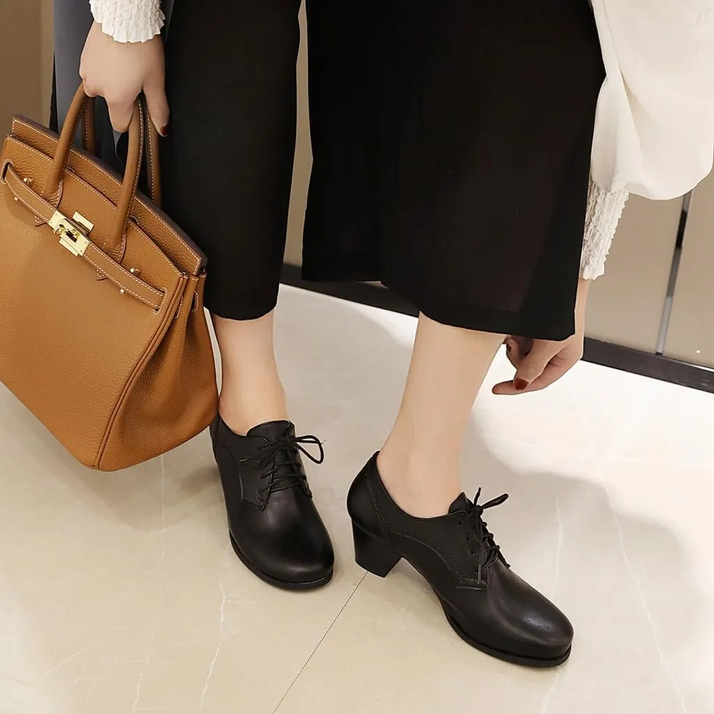 Women's Lace Up Wingtip Oxfords Pumps Block Mid Heel Round Toe Perforated Vintage Brogues Dress Shoes