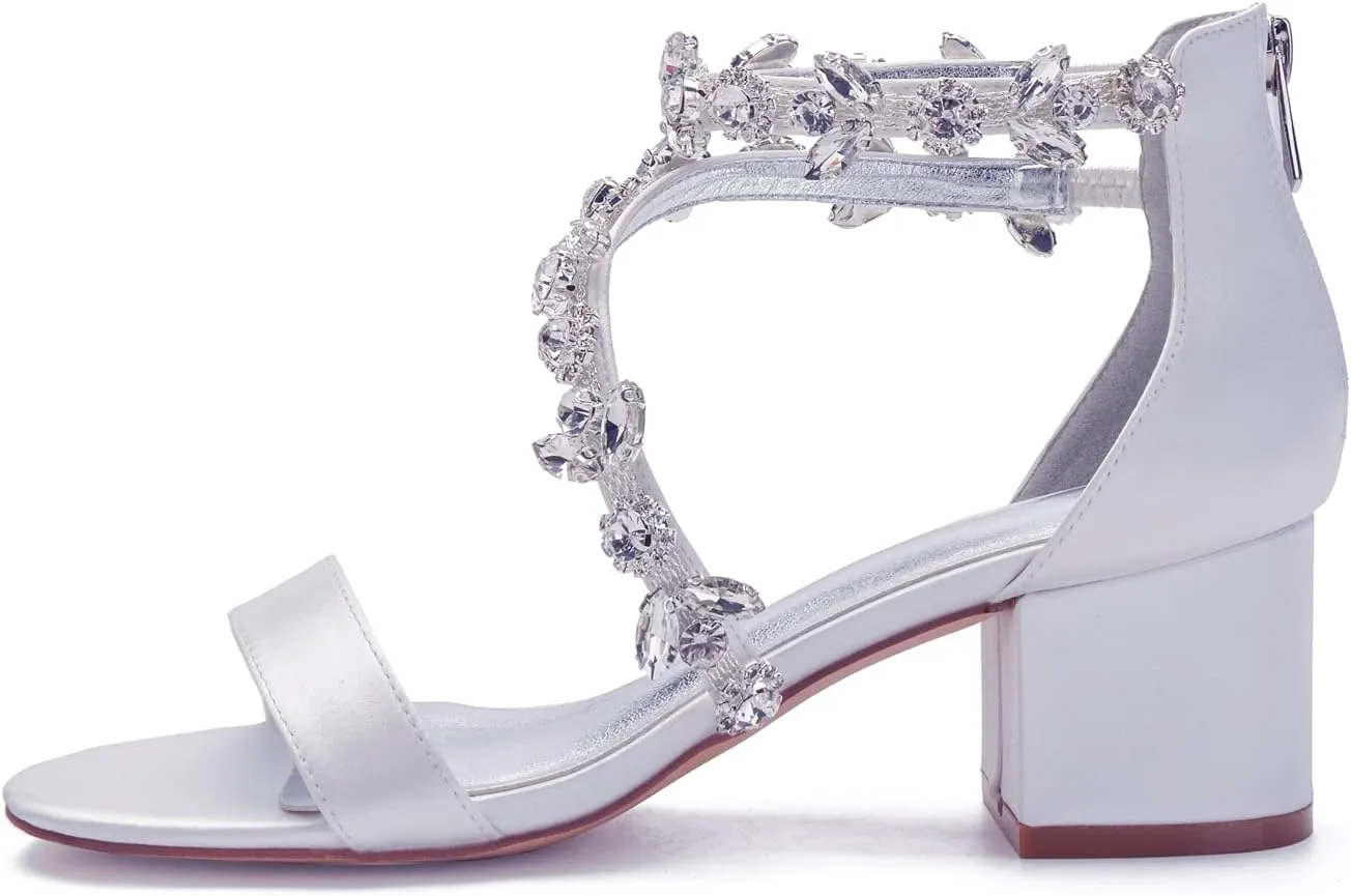 Women's Low Block Heel Sandals Chunky Ankle Strap Crystal Wedding Dress Shoes Low Heel Comfortable Pump Sandals