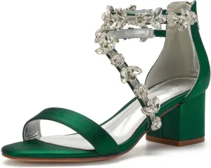 Women's Low Block Heel Sandals Chunky Ankle Strap Crystal Wedding Dress Shoes Low Heel Comfortable Pump Sandals