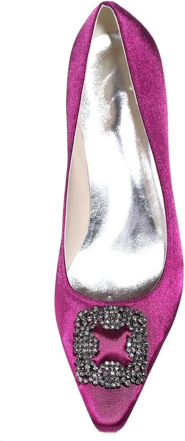 Womens Low Mid Square Heel Rhinstone Pointed Toe Satin Wedding Sandal Bridal Office Ladies Dress Pumps Shoes