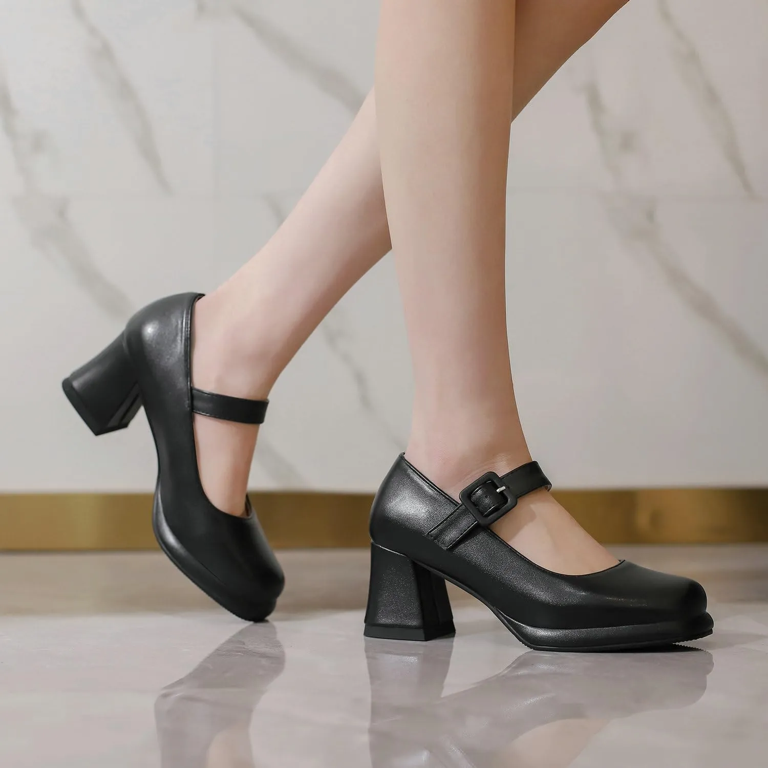 Women's Platform Mary Janes Square Toe Chunky Block Heel Ankle Strap Pump Shoes