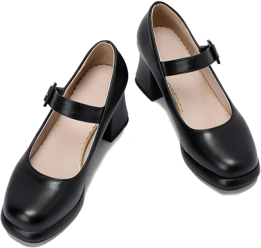 Women's Platform Mary Janes Square Toe Chunky Block Heel Ankle Strap Pump Shoes