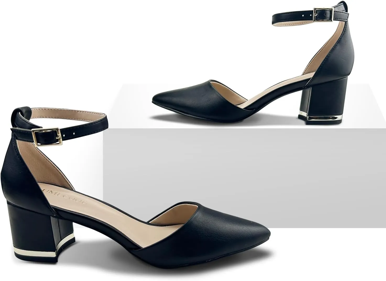 Women's Pointed Toe Low Chunky Heels Pump Shoes, Comfortable Heels for Women, Chunky Ankle Strap Dress Pumps Shoes for Wedding Office Party