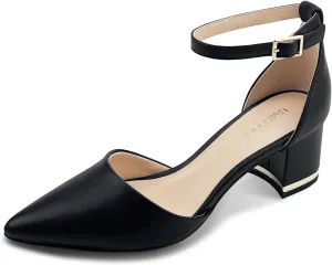 Women's Pointed Toe Low Chunky Heels Pump Shoes, Comfortable Heels for Women, Chunky Ankle Strap Dress Pumps Shoes for Wedding Office Party