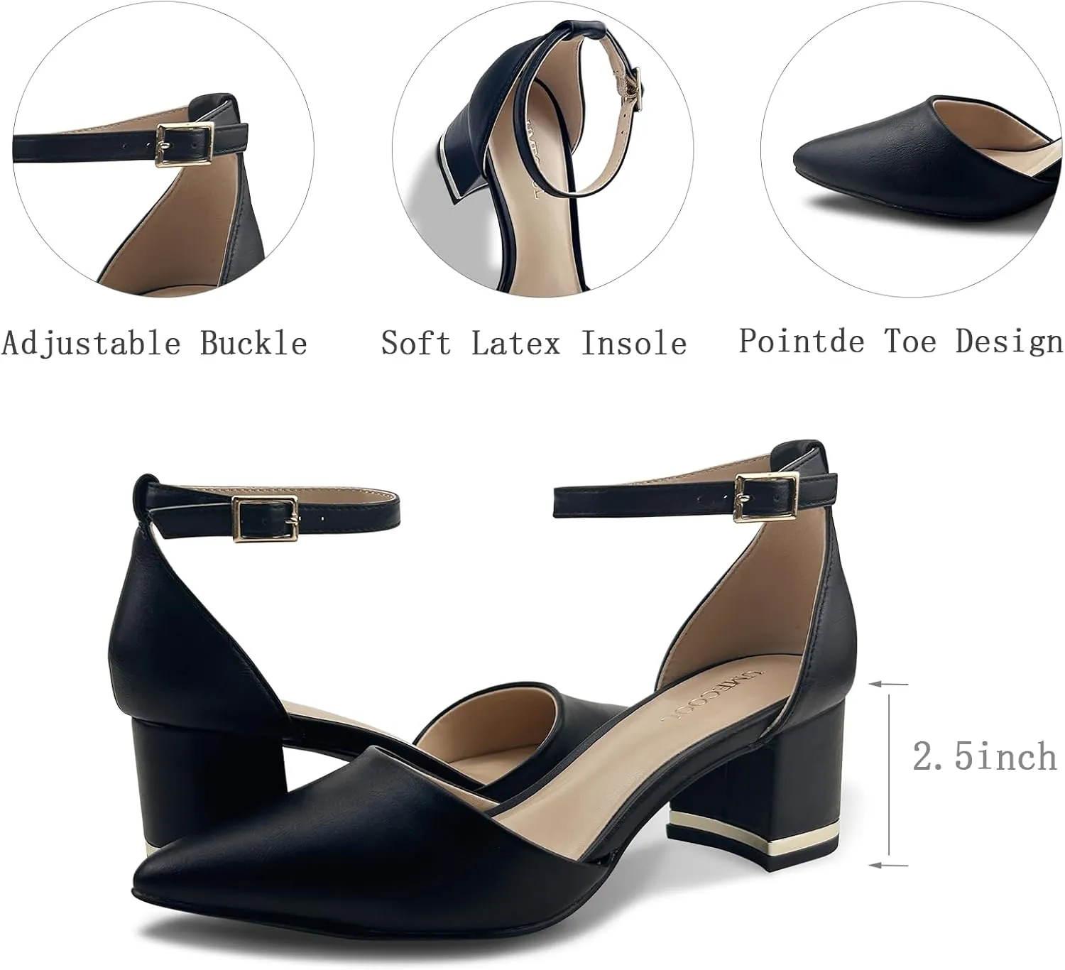 Women's Pointed Toe Low Chunky Heels Pump Shoes, Comfortable Heels for Women, Chunky Ankle Strap Dress Pumps Shoes for Wedding Office Party