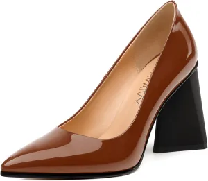 Women's Pumps, Pointed Toe Chunky Block Heel, Slip On Fashion Solid High Heel Shoes for Women