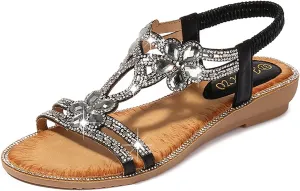 Women's Sandals T-Strap Flower Rhinestone Flat Sandal Dress Beach Shoes Bohemian Pearl Crystal Sandals