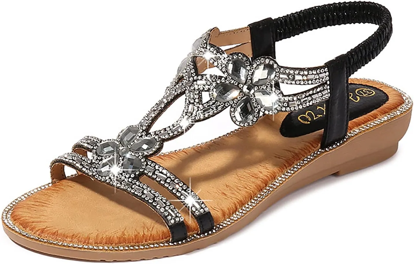 Women's Sandals T-Strap Flower Rhinestone Flat Sandal Dress Beach Shoes Bohemian Pearl Crystal Sandals