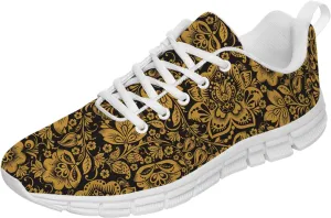 Womens Tennis Shoes Sneaker with Gold Luxury Flower Floral Print Mesh Lace Up Running Shoes Gifts for Mom,Men Size 10.5,Women Size 12