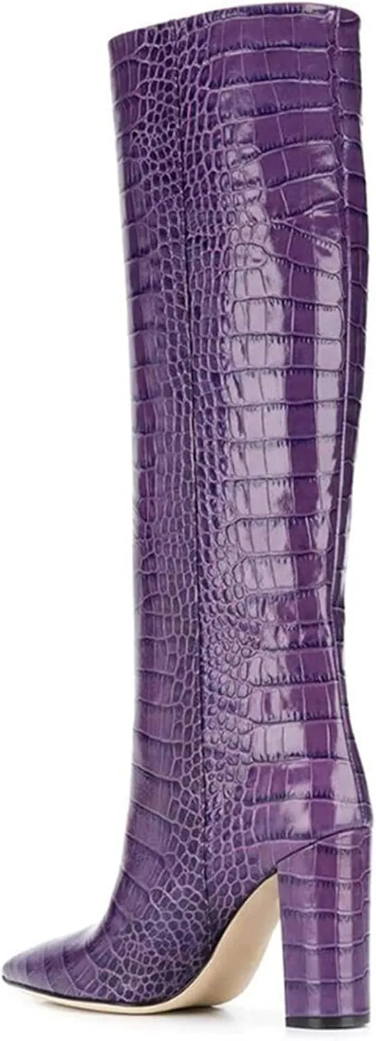 Womens Thigh High Boots Fashion Purple Crocodile Pattern Leather Slip On Chunky Heeled Booties Winter Wearing Booties Sexy Stripper Club Party Prom Pumps