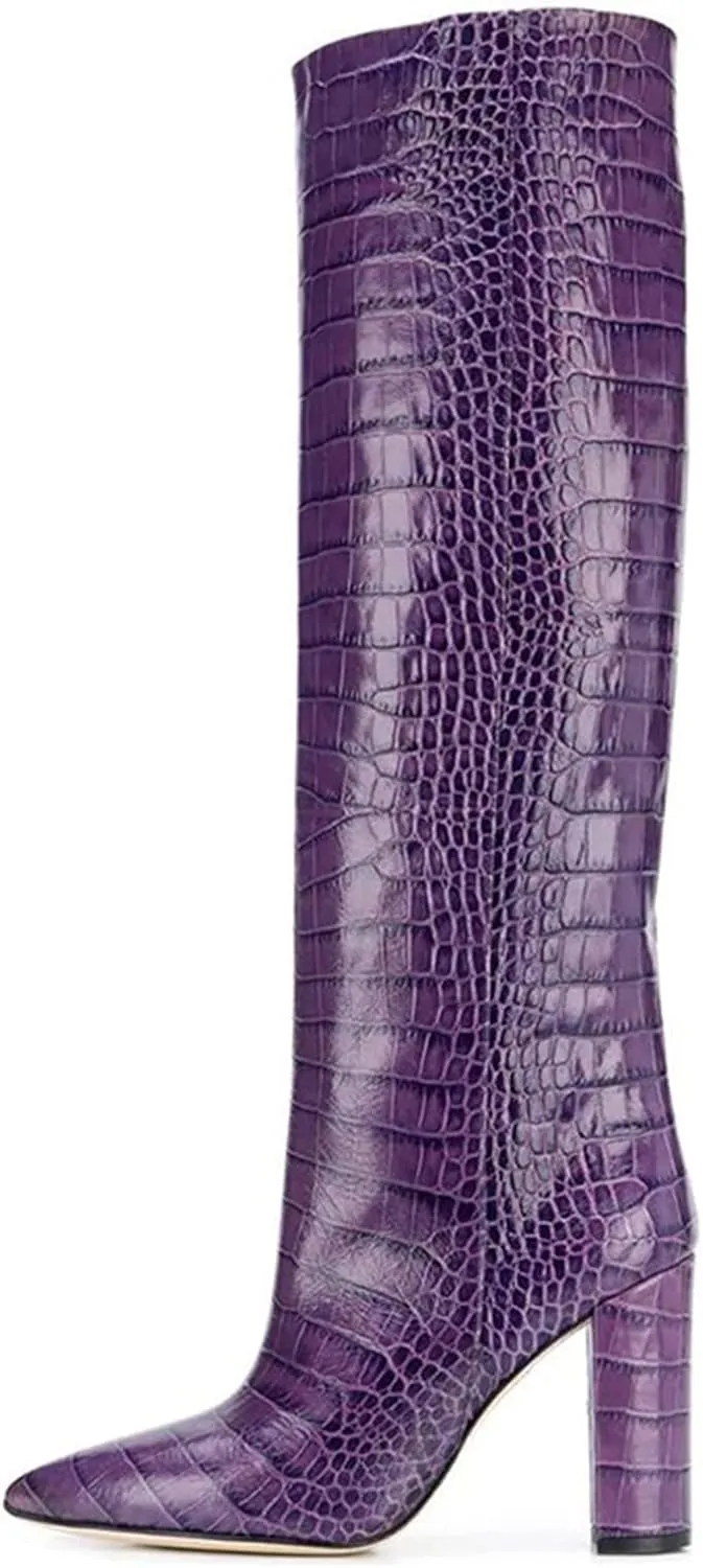 Womens Thigh High Boots Fashion Purple Crocodile Pattern Leather Slip On Chunky Heeled Booties Winter Wearing Booties Sexy Stripper Club Party Prom Pumps
