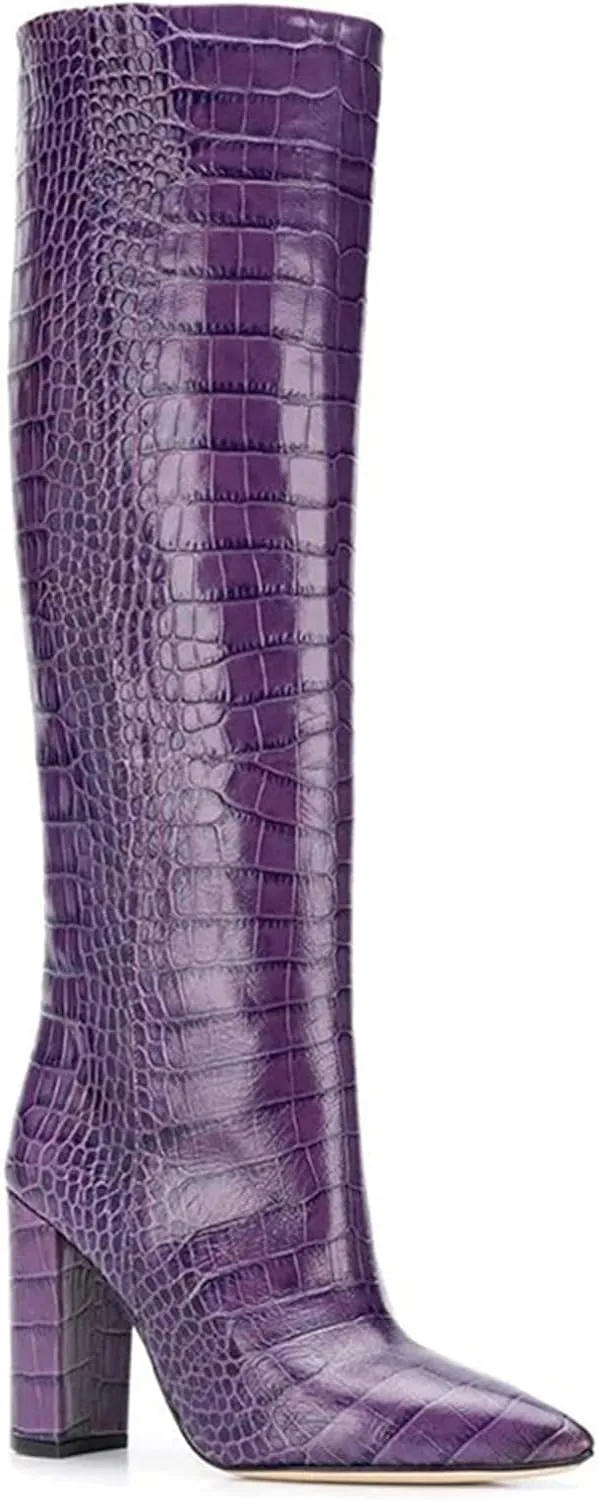 Womens Thigh High Boots Fashion Purple Crocodile Pattern Leather Slip On Chunky Heeled Booties Winter Wearing Booties Sexy Stripper Club Party Prom Pumps