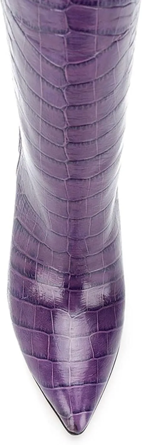 Womens Thigh High Boots Fashion Purple Crocodile Pattern Leather Slip On Chunky Heeled Booties Winter Wearing Booties Sexy Stripper Club Party Prom Pumps