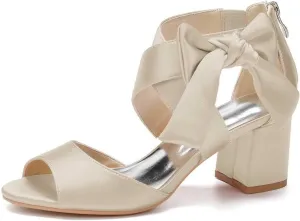 Womens Wedding Shoes Women's Low Block Heel Sandals Satin Bridal Chunky Ankle Strap Zipper Wedding Dress Shoes Low Heel Pump(Champagne,5)