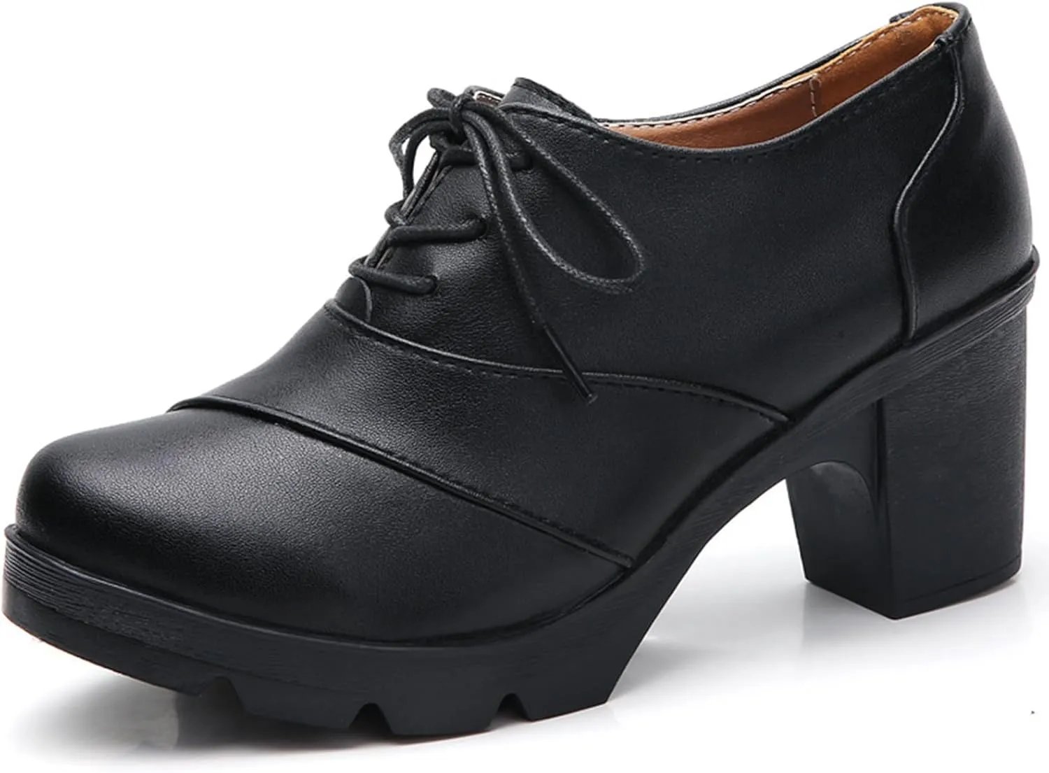 WUIWUIYU Women's Classic Lace-up Platform Chunky Mid-Heel Dress Oxfords Casual Work Pump Shoes