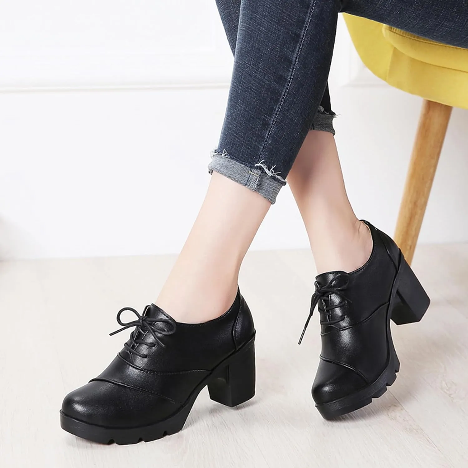 WUIWUIYU Women's Classic Lace-up Platform Chunky Mid-Heel Dress Oxfords Casual Work Pump Shoes