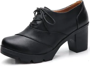 WUIWUIYU Women's Classic Lace-up Platform Chunky Mid-Heel Dress Oxfords Casual Work Pump Shoes