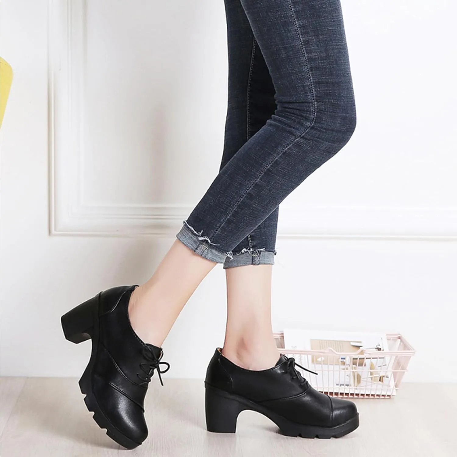 WUIWUIYU Women's Classic Lace-up Platform Chunky Mid-Heel Dress Oxfords Casual Work Pump Shoes