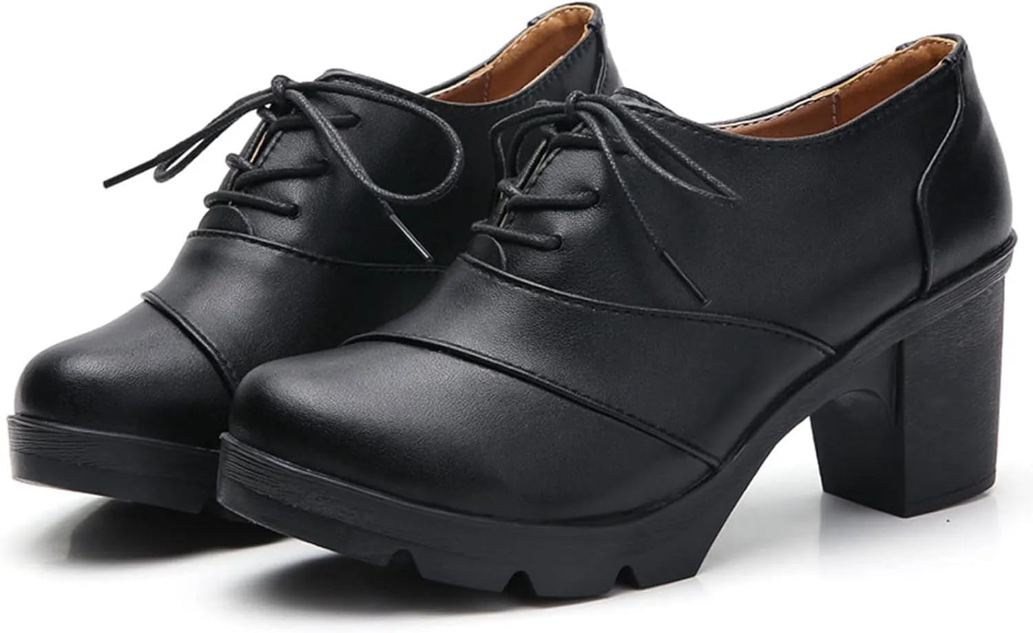 WUIWUIYU Women's Classic Lace-up Platform Chunky Mid-Heel Dress Oxfords Casual Work Pump Shoes