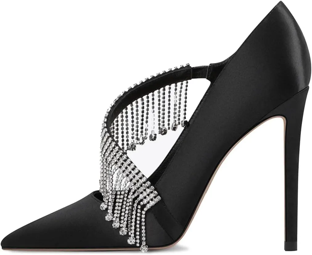XYD Women Crossover Strap Sandal Pumps Pointed Toe Drape Rhinestones High Heel Chic Satin Cocktail Wedding Bridal Shoes