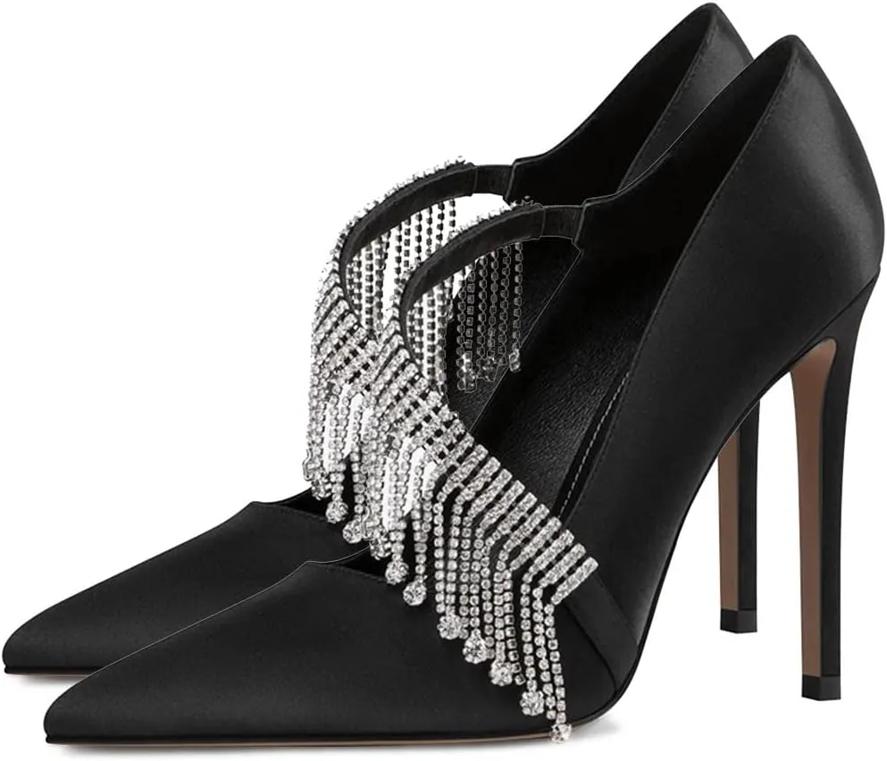 XYD Women Crossover Strap Sandal Pumps Pointed Toe Drape Rhinestones High Heel Chic Satin Cocktail Wedding Bridal Shoes