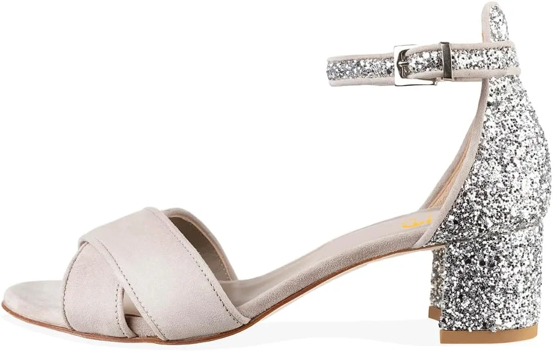 XYD Women's Open Toe Glitter Low Block Chunky Heels Ankle Strap Dress Pump Shoes for Summer Casual Wedding