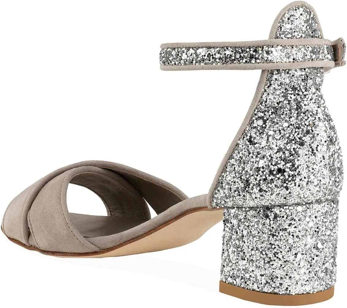 XYD Women's Open Toe Glitter Low Block Chunky Heels Ankle Strap Dress Pump Shoes for Summer Casual Wedding