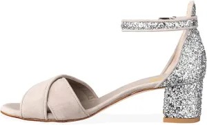 XYD Women's Open Toe Glitter Low Block Chunky Heels Ankle Strap Dress Pump Shoes for Summer Casual Wedding