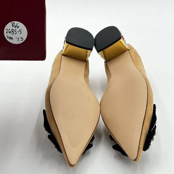 YDN Apricot Suede Pointed Toe Bow Pump Rhinestone Block Heel Slip on Dance Shoe