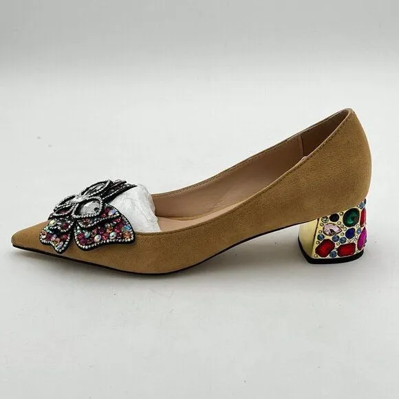 YDN Apricot Suede Pointed Toe Bow Pump Rhinestone Block Heel Slip on Dance Shoe