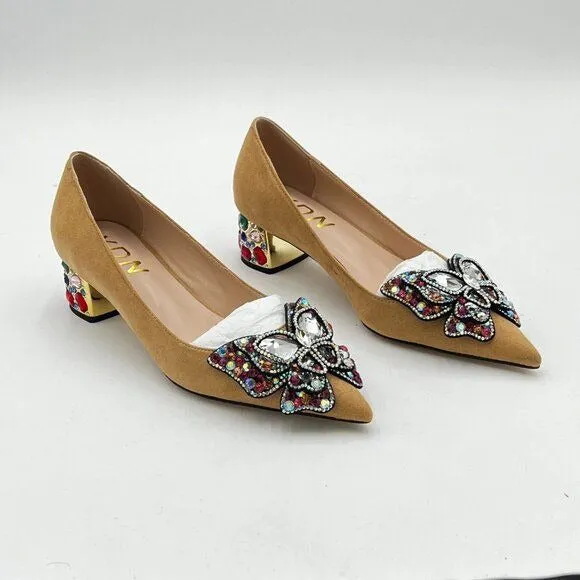 YDN Apricot Suede Pointed Toe Bow Pump Rhinestone Block Heel Slip on Dance Shoe