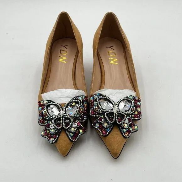 YDN Apricot Suede Pointed Toe Bow Pump Rhinestone Block Heel Slip on Dance Shoe