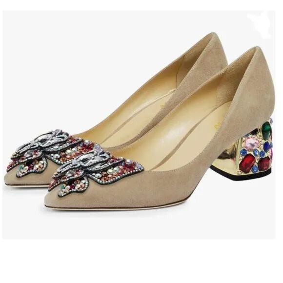 YDN Apricot Suede Pointed Toe Bow Pump Rhinestone Block Heel Slip on Dance Shoe
