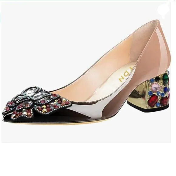 YDN Black Nude Pointed Toe Bow Pump Rhinestone Block Low Heel Butterfly Shoe