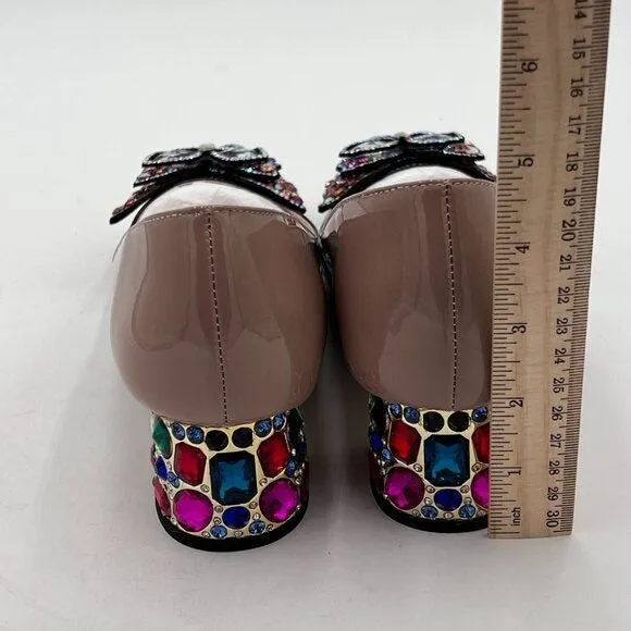 YDN Black Nude Pointed Toe Bow Pump Rhinestone Block Low Heel Butterfly Shoe