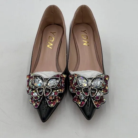 YDN Black Nude Pointed Toe Bow Pump Rhinestone Block Low Heel Butterfly Shoe