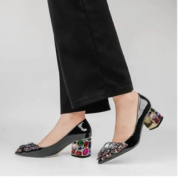 YDN Black Pointed Toe Bow Pump Colorful Rhinestone Block Low Heel Butterfly Shoe