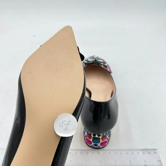 YDN Black Pointed Toe Bow Pump Colorful Rhinestone Block Low Heel Butterfly Shoe