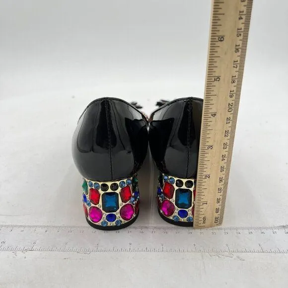 YDN Black Pointed Toe Bow Pump Colorful Rhinestone Block Low Heel Butterfly Shoe