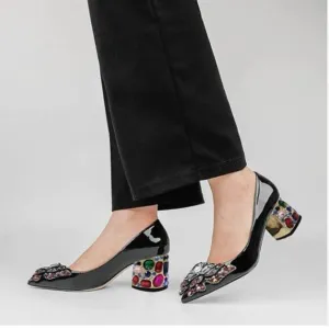 YDN Black Pointed Toe Bow Pump Colorful Rhinestone Block Low Heel Butterfly Shoe
