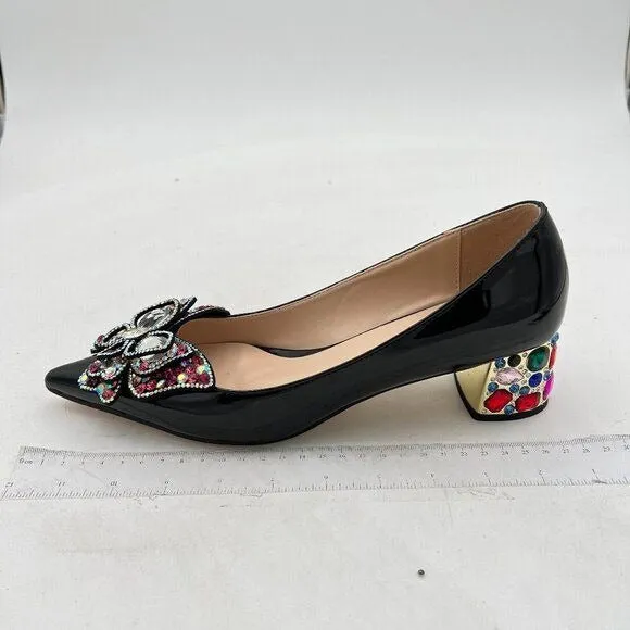 YDN Black Pointed Toe Bow Pump Colorful Rhinestone Block Low Heel Butterfly Shoe