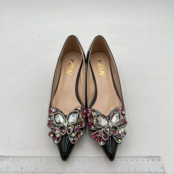 YDN Black Pointed Toe Bow Pump Colorful Rhinestone Block Low Heel Butterfly Shoe