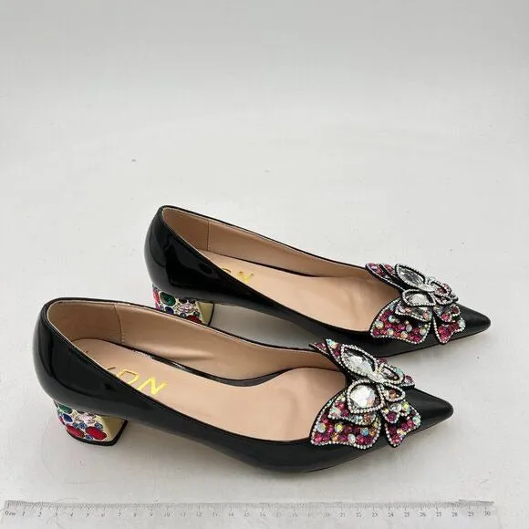 YDN Black Pointed Toe Bow Pump Colorful Rhinestone Block Low Heel Butterfly Shoe