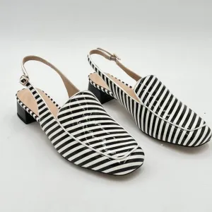 YDN Black Stripe Square Toe Block Low Heels Slingback Formal Loafer Dressy Shoes